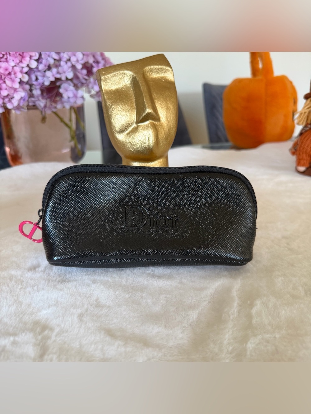 Dior Parfums Black Textured Cosmetic Pouch Makeup Case Bright Pink CD Pull